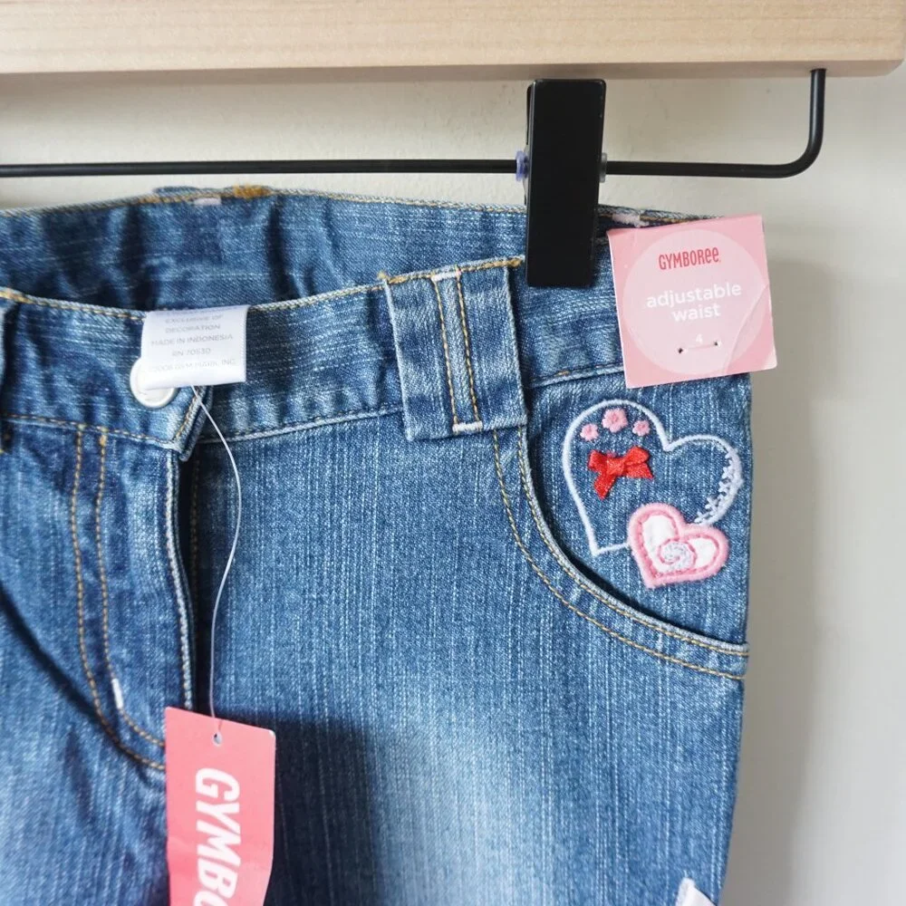 NEW Gymboree Y2K Embroidered Heart Denim Capri Jeans Ribbon Accent Blue Girls‎ 4